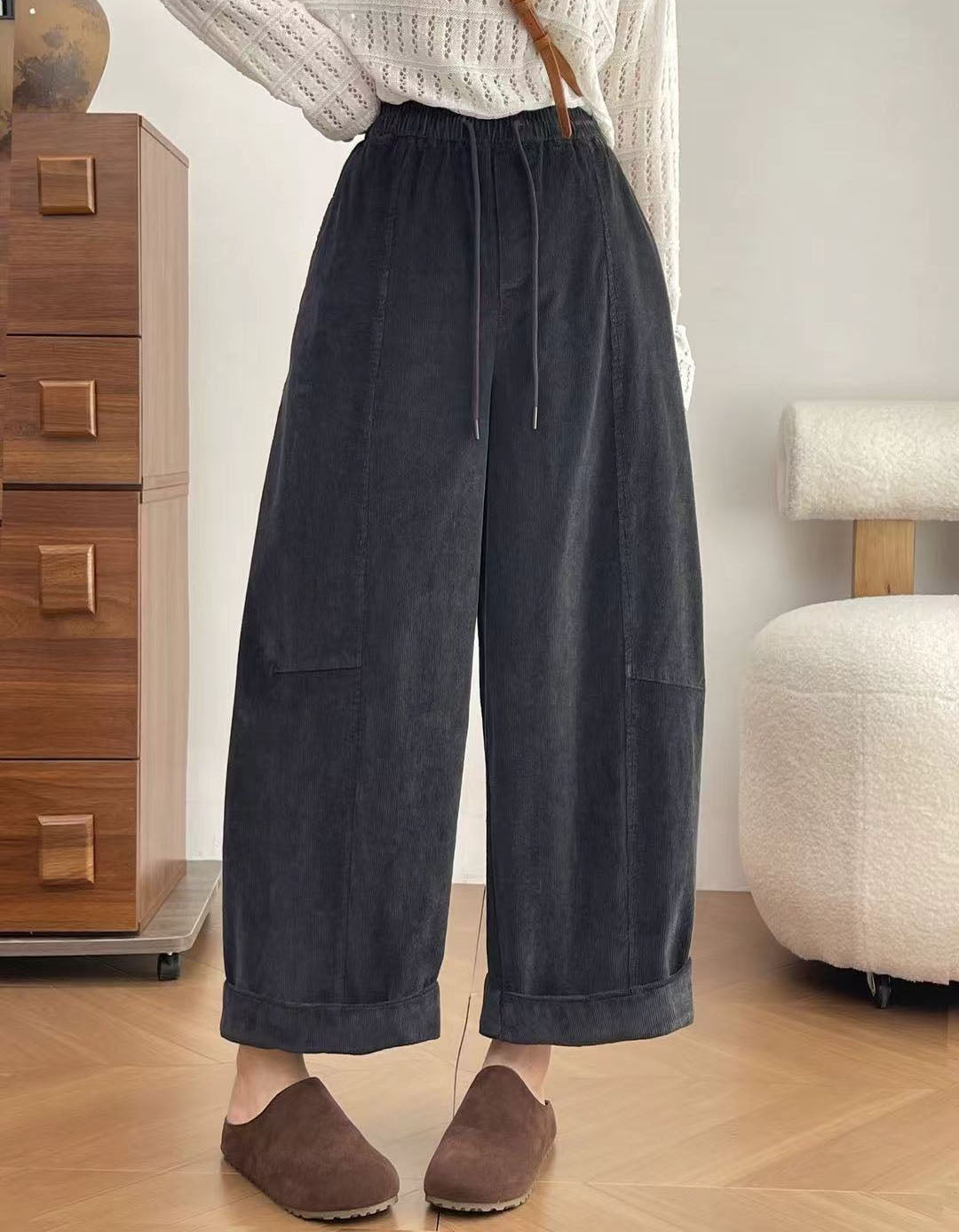 Women's High Waist Brown Corduroy Wide Leg Trousers