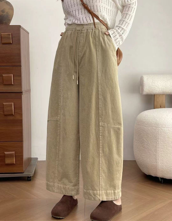 Women's Brown Corduroy Wide Leg Pants with Drawstring Waist