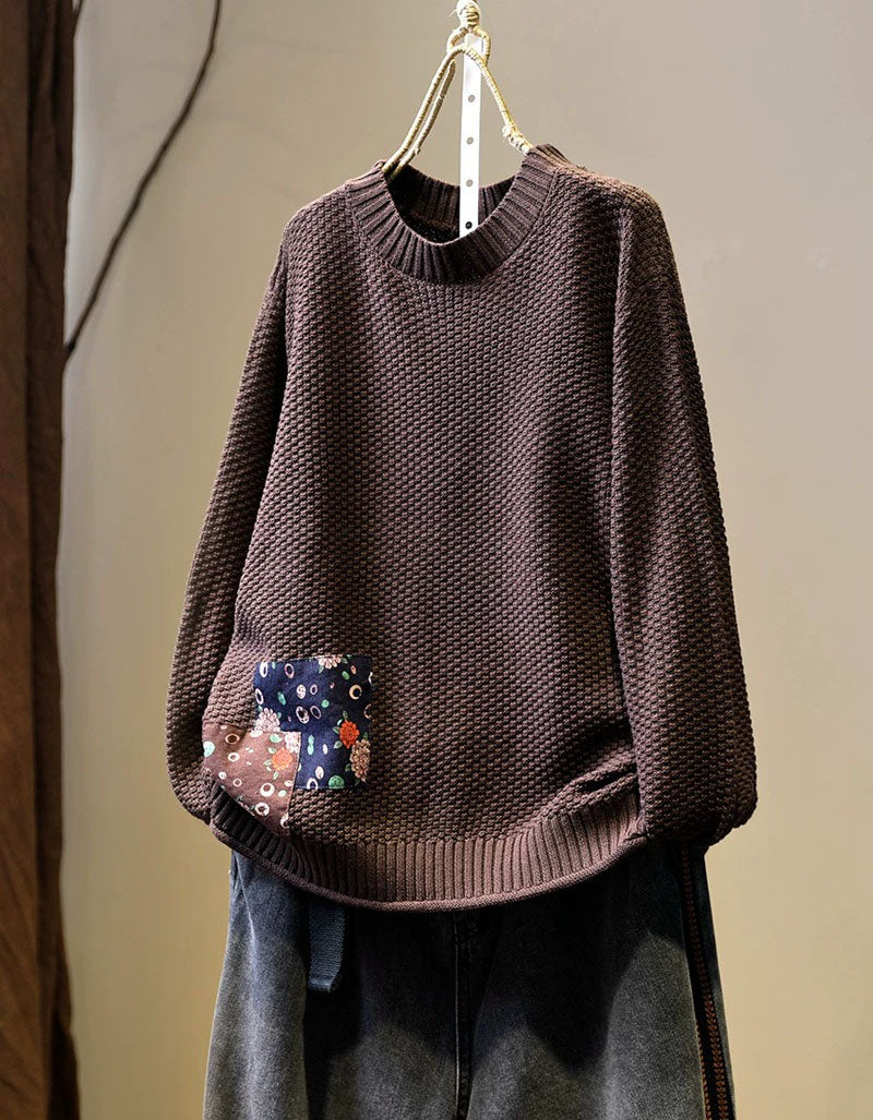 Women’s coffee textured knit sweater with patchwork detail, front view