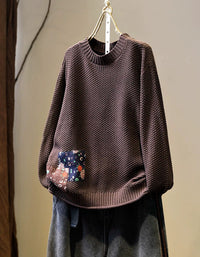 Women’s coffee textured knit sweater with patchwork detail, front view