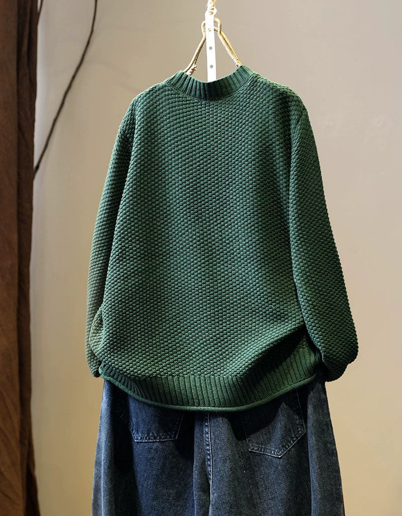 Women’s green textured knit sweater, back view