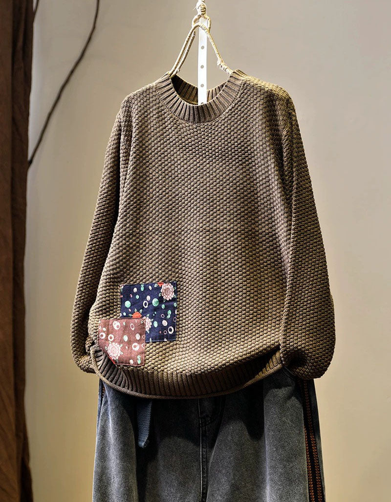 Women’s khaki textured knit sweater with patchwork detail, front view
