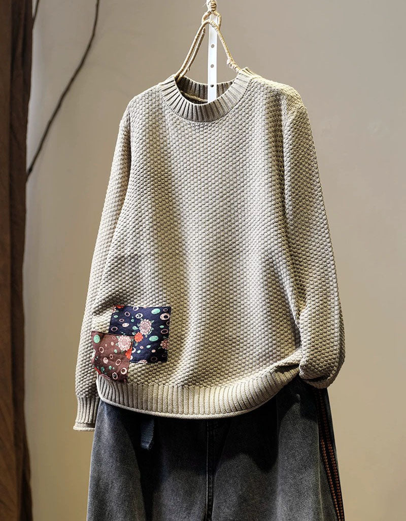 Women’s camel textured knit sweater with patchwork detail, front view