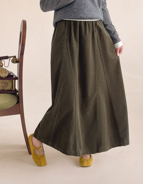 Women Corduroy Midi Skirt Elastic Waist A-Line Casual