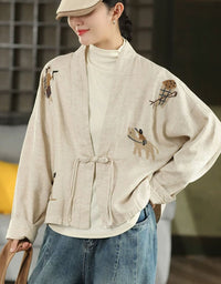 Women's Boho Embroidered Beige Kimono Jacket