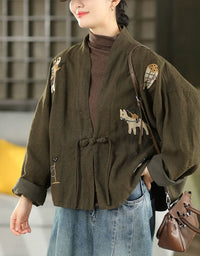 Women's Boho Embroidered Olive Green Kimono Jacket
