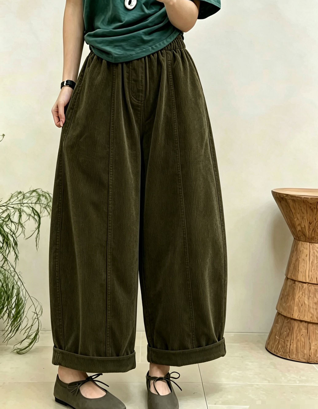 Women's olive green wide leg corduroy pants vintage casual style