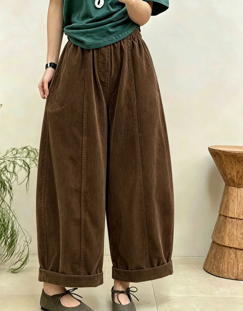 Soft ribbed corduroy fabric detail on vintage women's pants