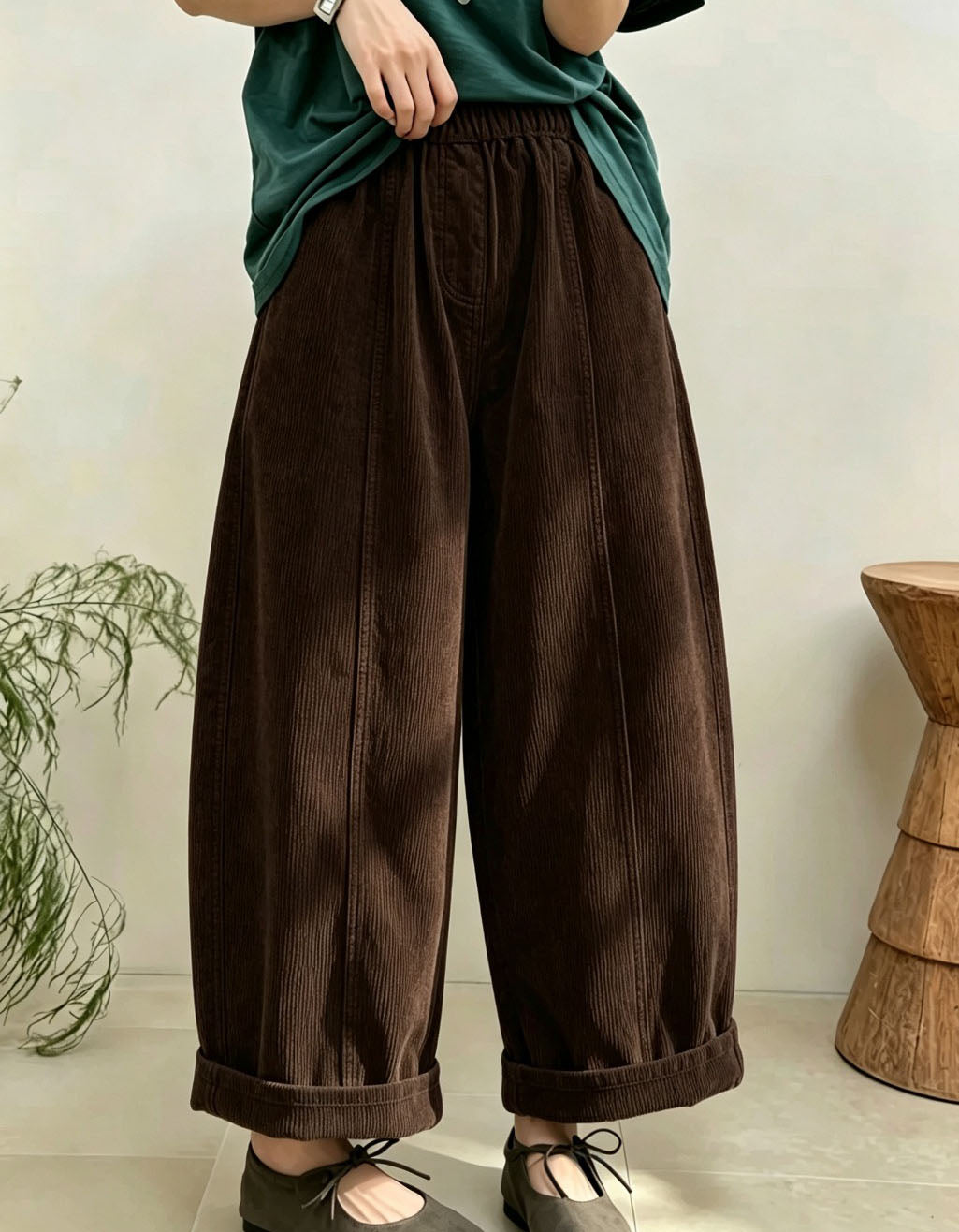 High waist loose fit women's corduroy trousers with wide legs