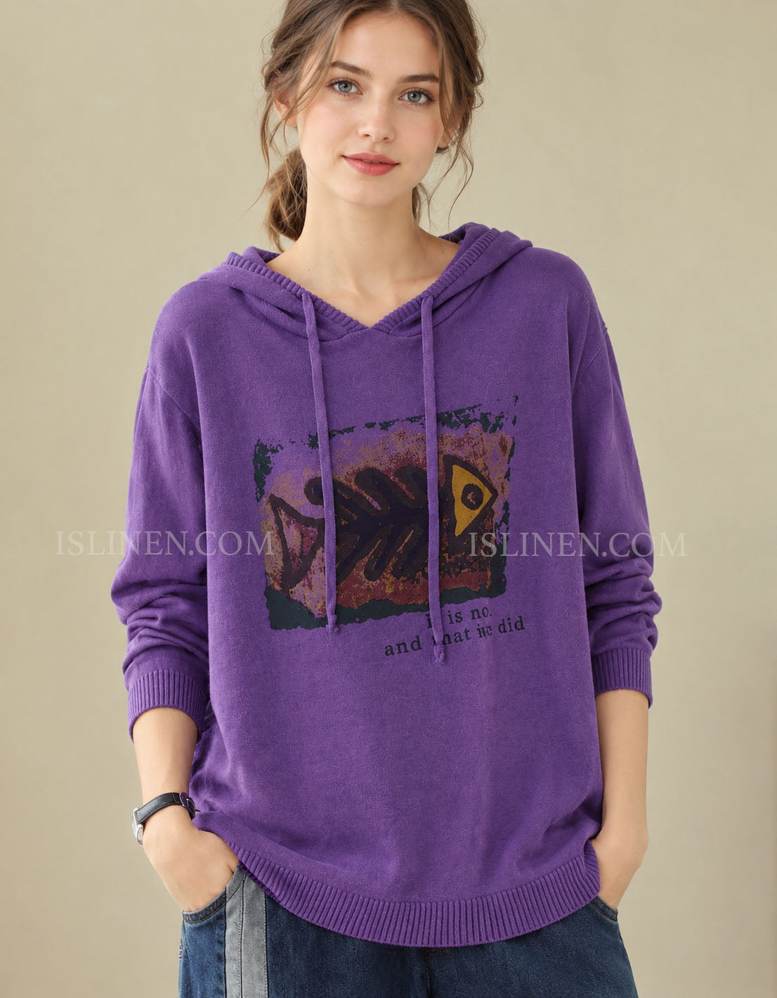 Women’s purple graphic hooded knit sweater front view