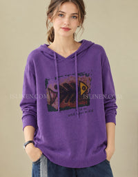 Women’s purple graphic hooded knit sweater front view