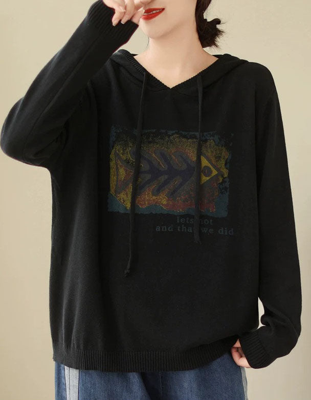 Black oversized hooded knit sweater for women