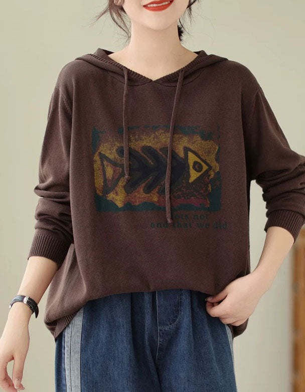 Coffee women’s hooded knit sweater with drawstring
