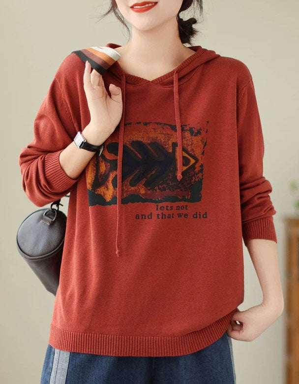 Red oversized hooded knit sweater for women