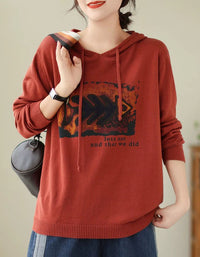 Red oversized hooded knit sweater for women