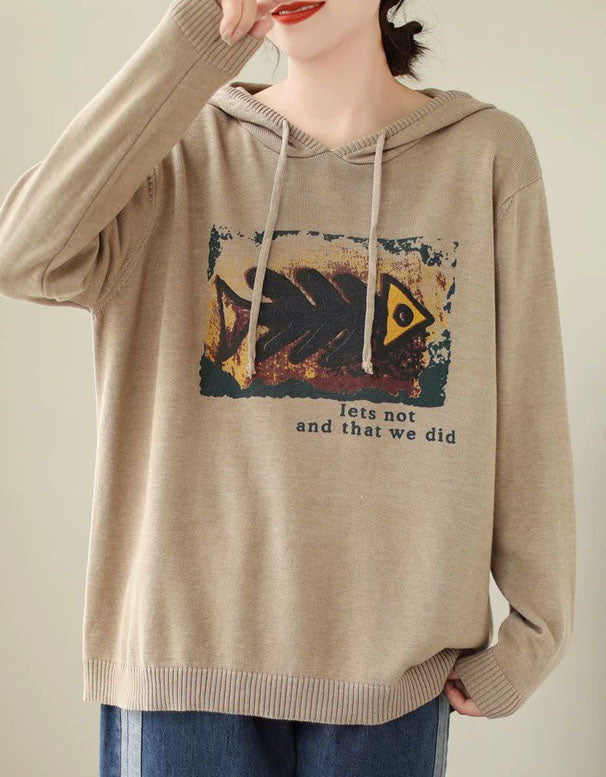Khaki oversized hooded knit sweater for women