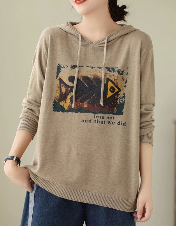 Khaki women’s hooded knit sweater with drawstring