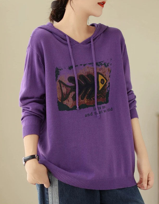 Purple women’s hooded knit sweater with drawstring