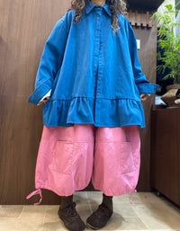 Blue Oversized Button-Down Shirt with Flared Hem
