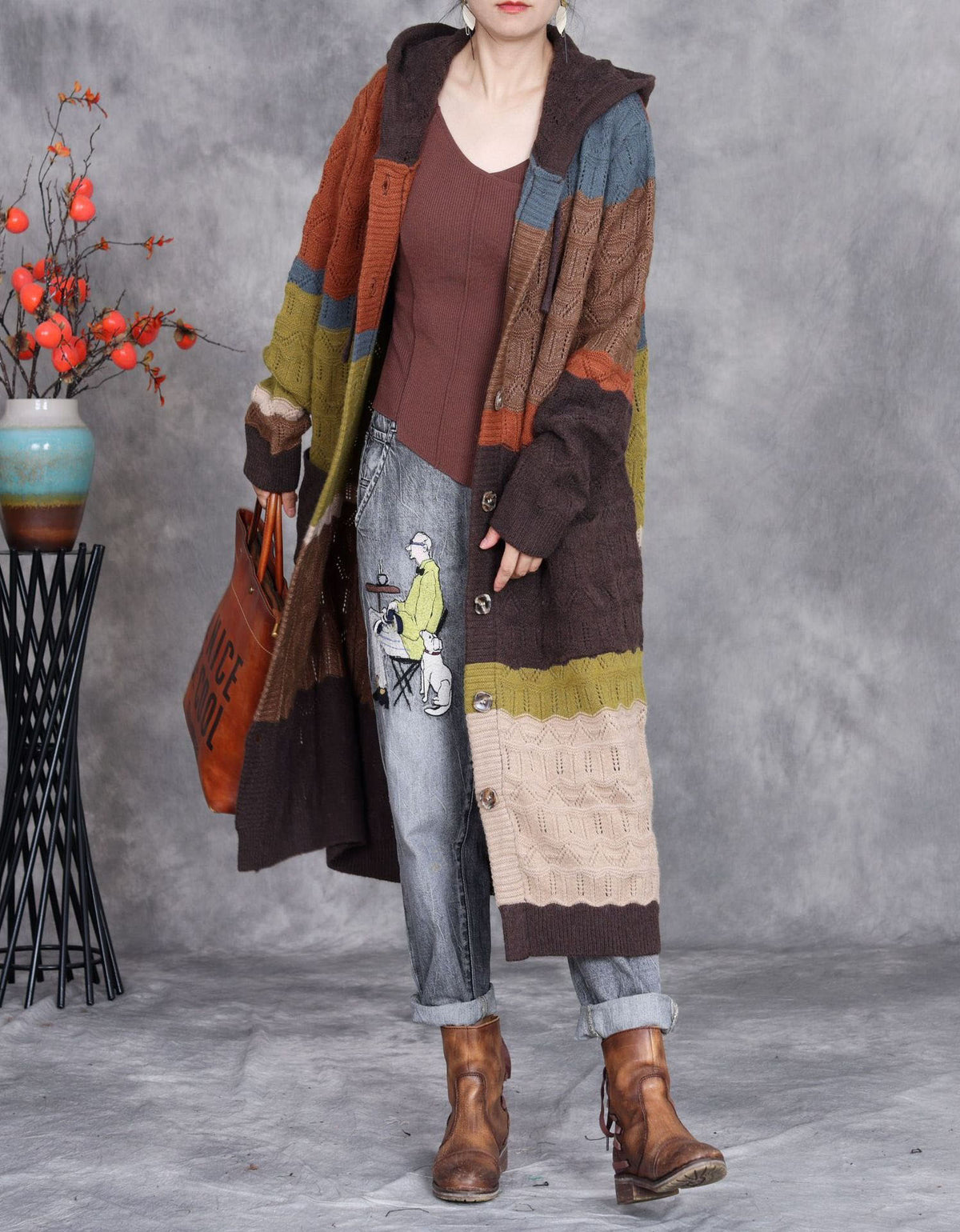 Women’s Autumn Patchwork Knit Hooded Long Cardigan Sweater Coat