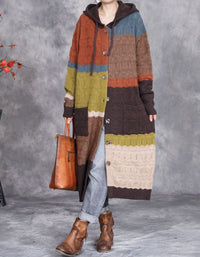 Women’s Autumn Patchwork Knit Hooded Long Cardigan Sweater Coat