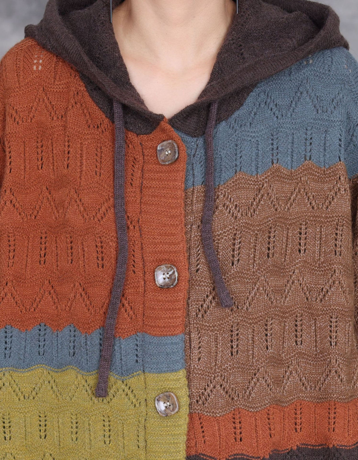 Women’s Autumn Patchwork Knit Hooded Long Cardigan Sweater Coat