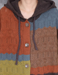Women’s Autumn Patchwork Knit Hooded Long Cardigan Sweater Coat