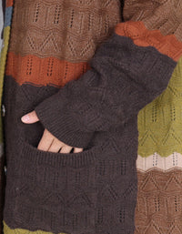 Women’s Autumn Patchwork Knit Hooded Long Cardigan Sweater Coat