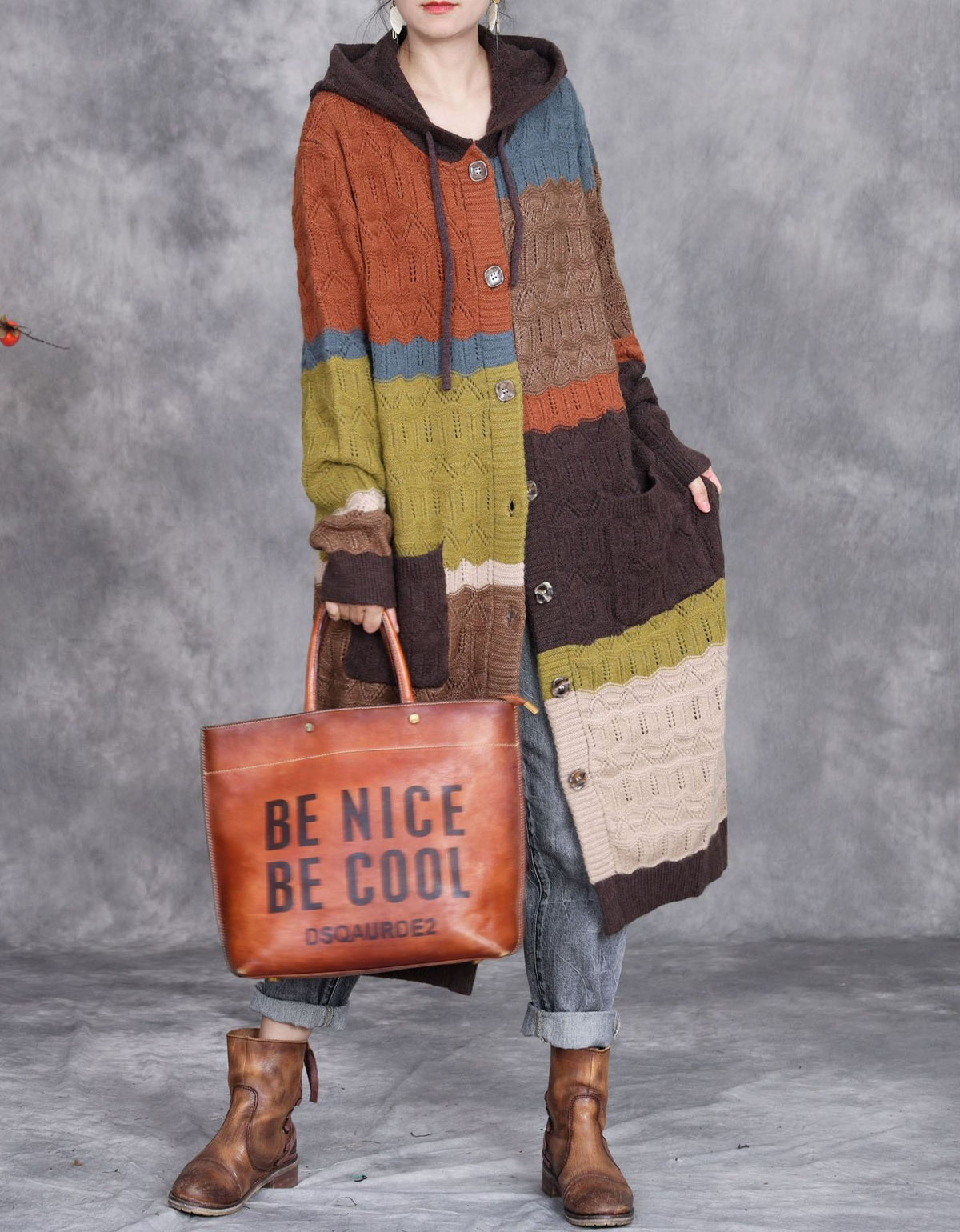 Women’s Autumn Patchwork Knit Hooded Long Cardigan Sweater Coat