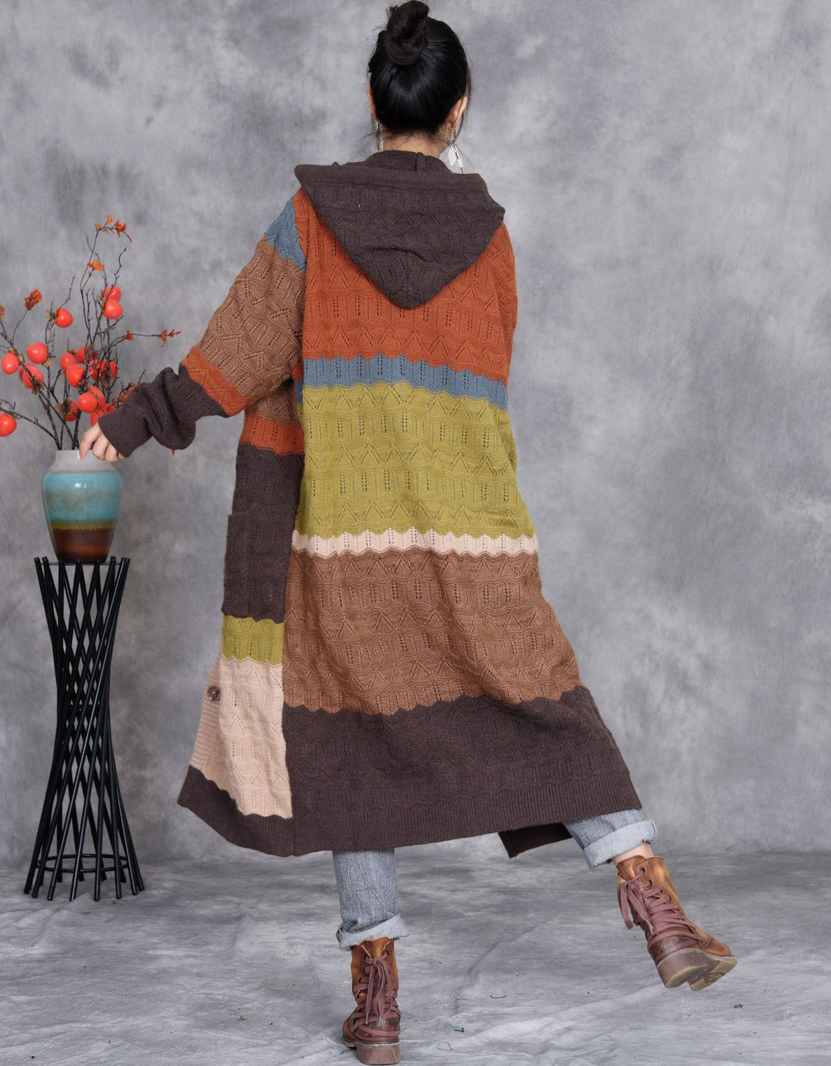 Women’s Autumn Patchwork Knit Hooded Long Cardigan Sweater Coat