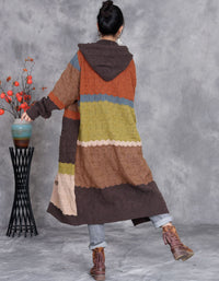 Women’s Autumn Patchwork Knit Hooded Long Cardigan Sweater Coat