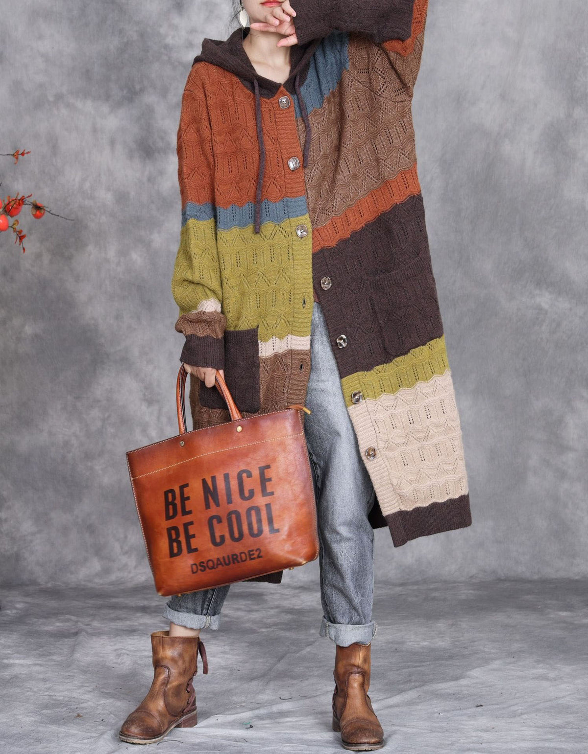 Women’s Autumn Patchwork Knit Hooded Long Cardigan Sweater Coat