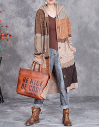 Women’s Autumn Patchwork Knit Hooded Long Cardigan Sweater Coat
