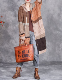 Women’s Autumn Patchwork Knit Hooded Long Cardigan Sweater Coat