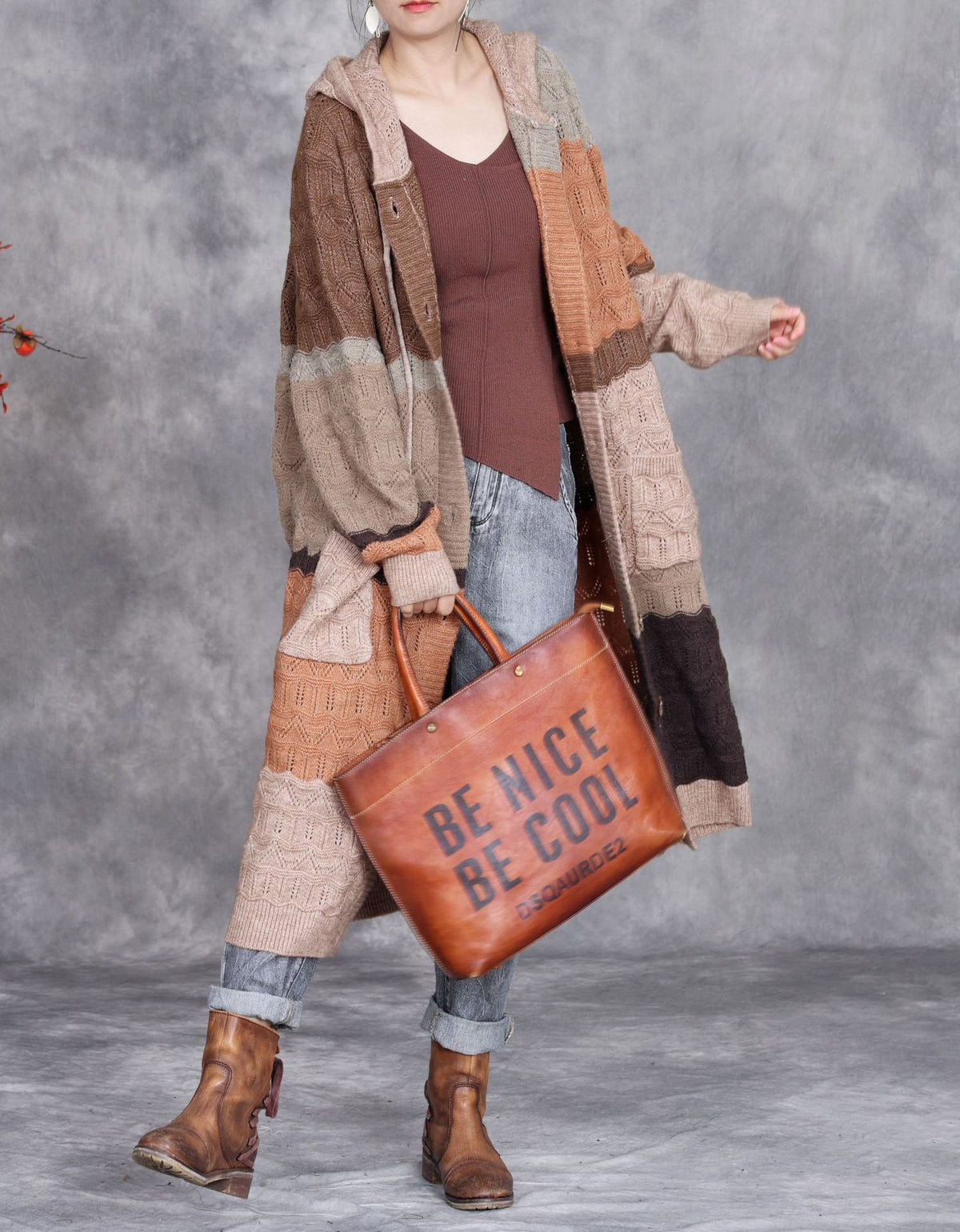 Women’s Autumn Patchwork Knit Hooded Long Cardigan Sweater Coat