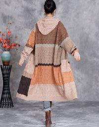 Women’s Autumn Patchwork Knit Hooded Long Cardigan Sweater Coat