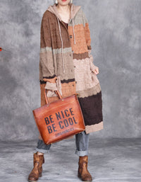 Women’s Autumn Patchwork Knit Hooded Long Cardigan Sweater Coat