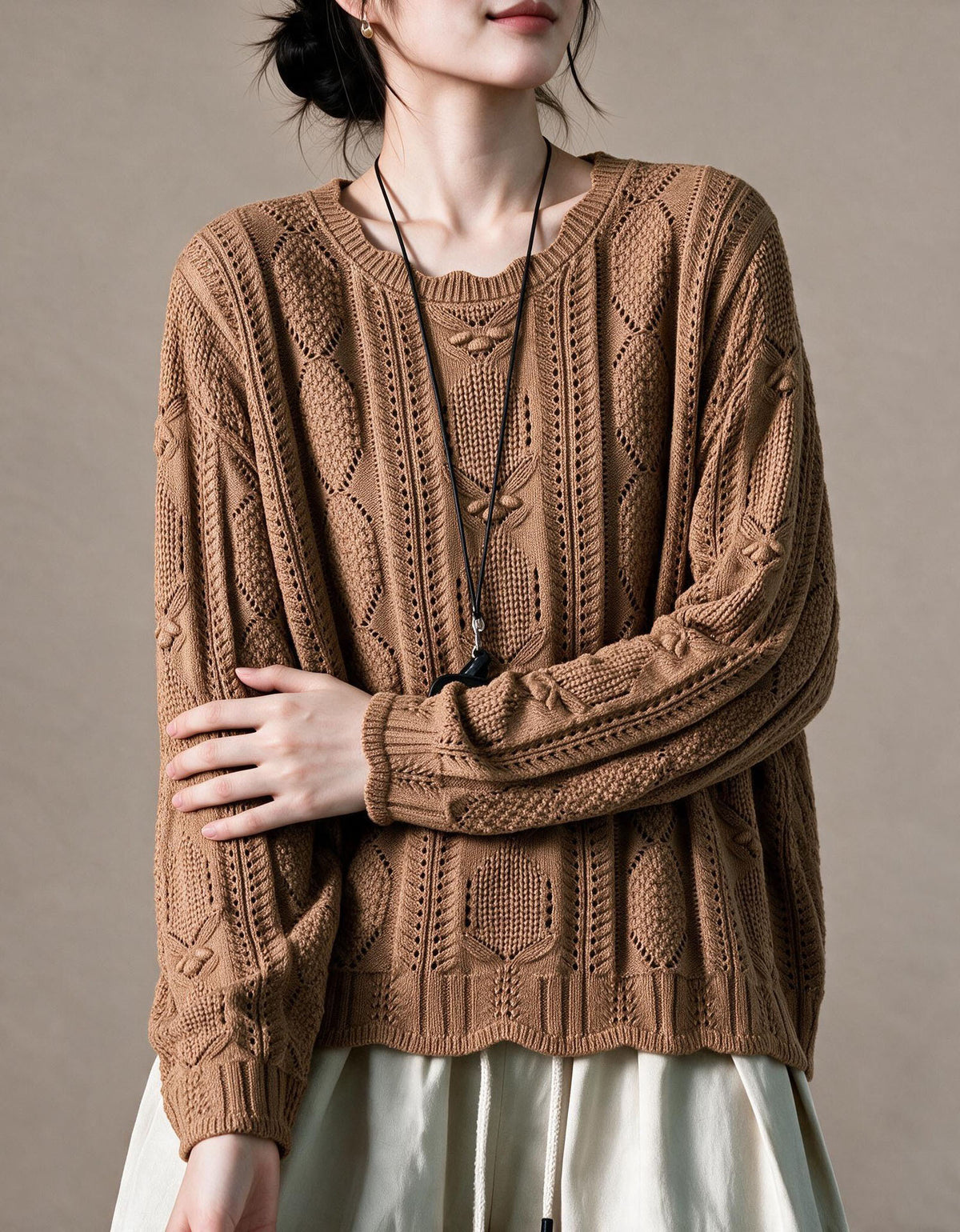Women’s Autumn Retro Loose Cable Crew Neck Knit Sweater