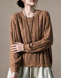 Women’s Autumn Retro Loose Cable Crew Neck Knit Sweater