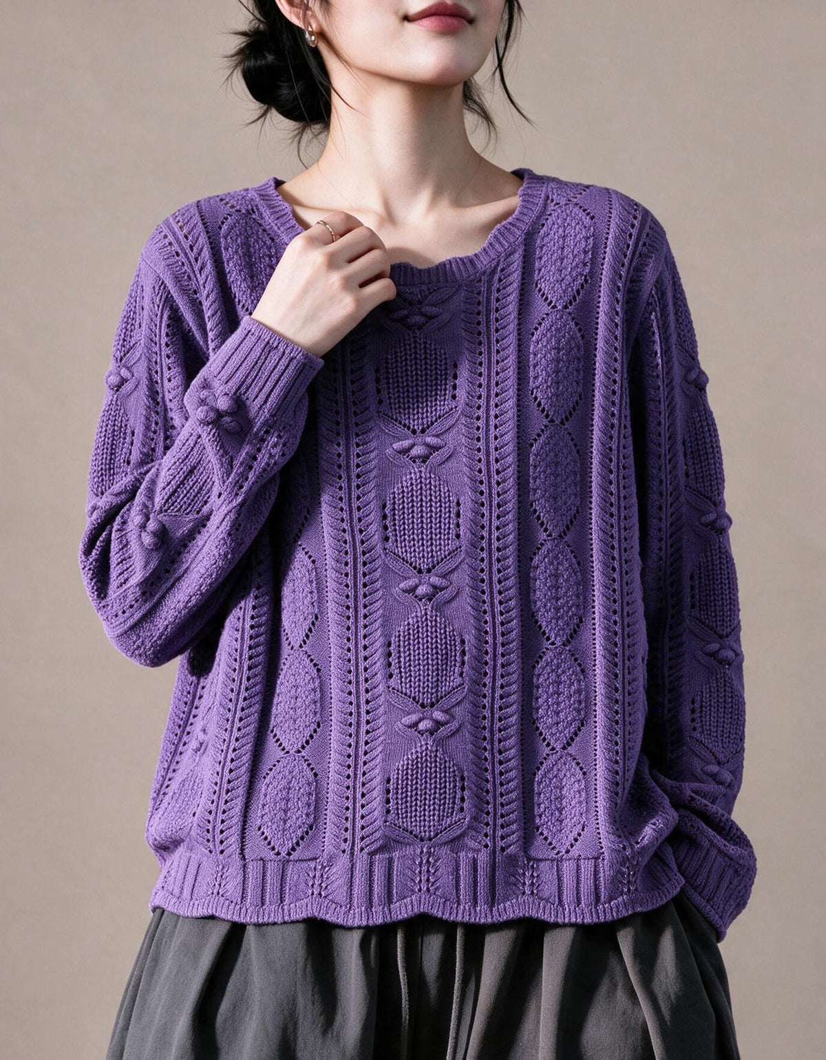Women's purple cable knit sweater with vintage textured pattern