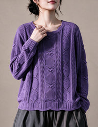Women's purple cable knit sweater with vintage textured pattern