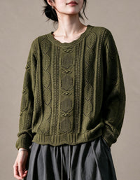 Women's purple cable knit sweater crew neckline detail