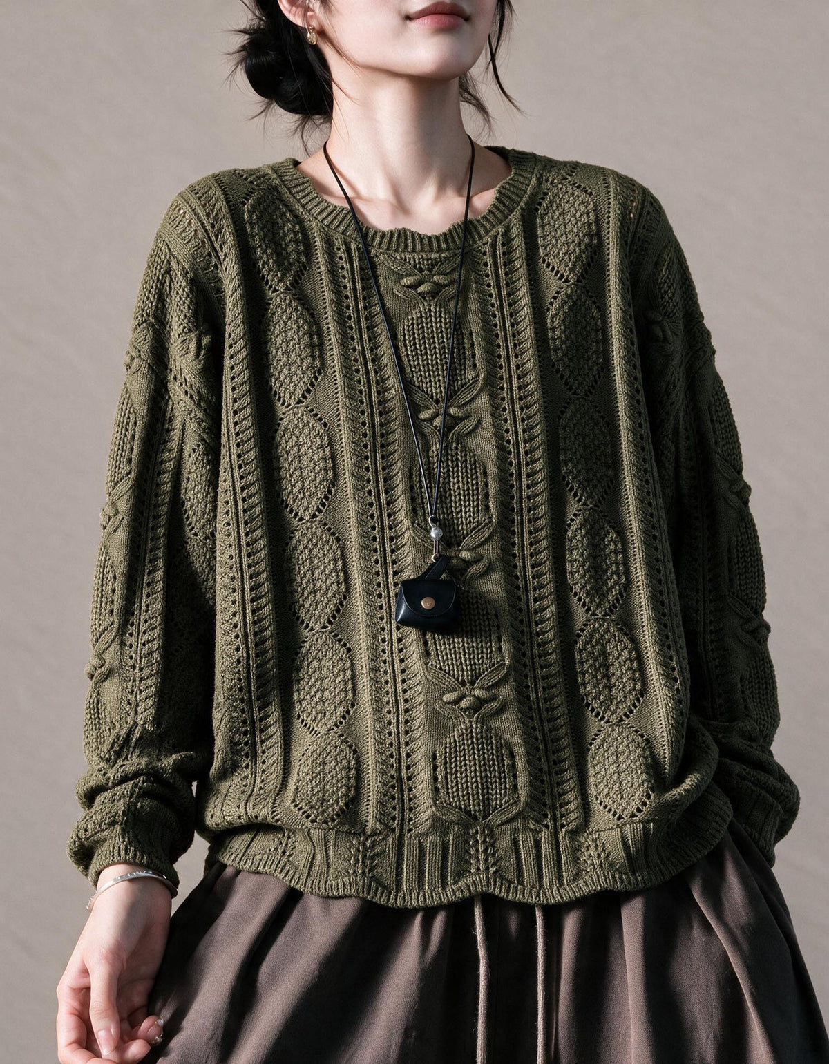 Women’s Autumn Retro Loose Cable Crew Neck Knit Sweater