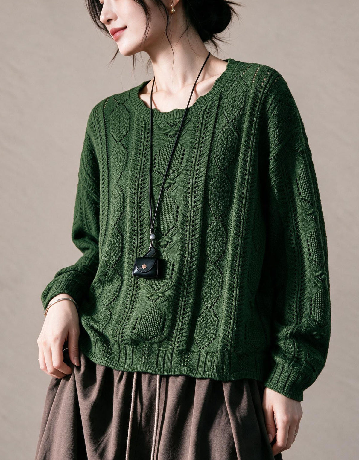Women’s Autumn Retro Loose Cable Crew Neck Knit Sweater