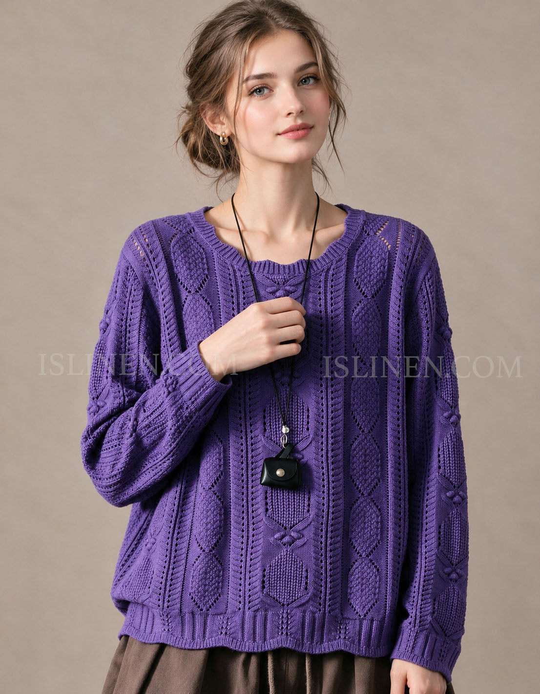 Women’s Purple Vintage Cable Knit Sweater – Loose Fit