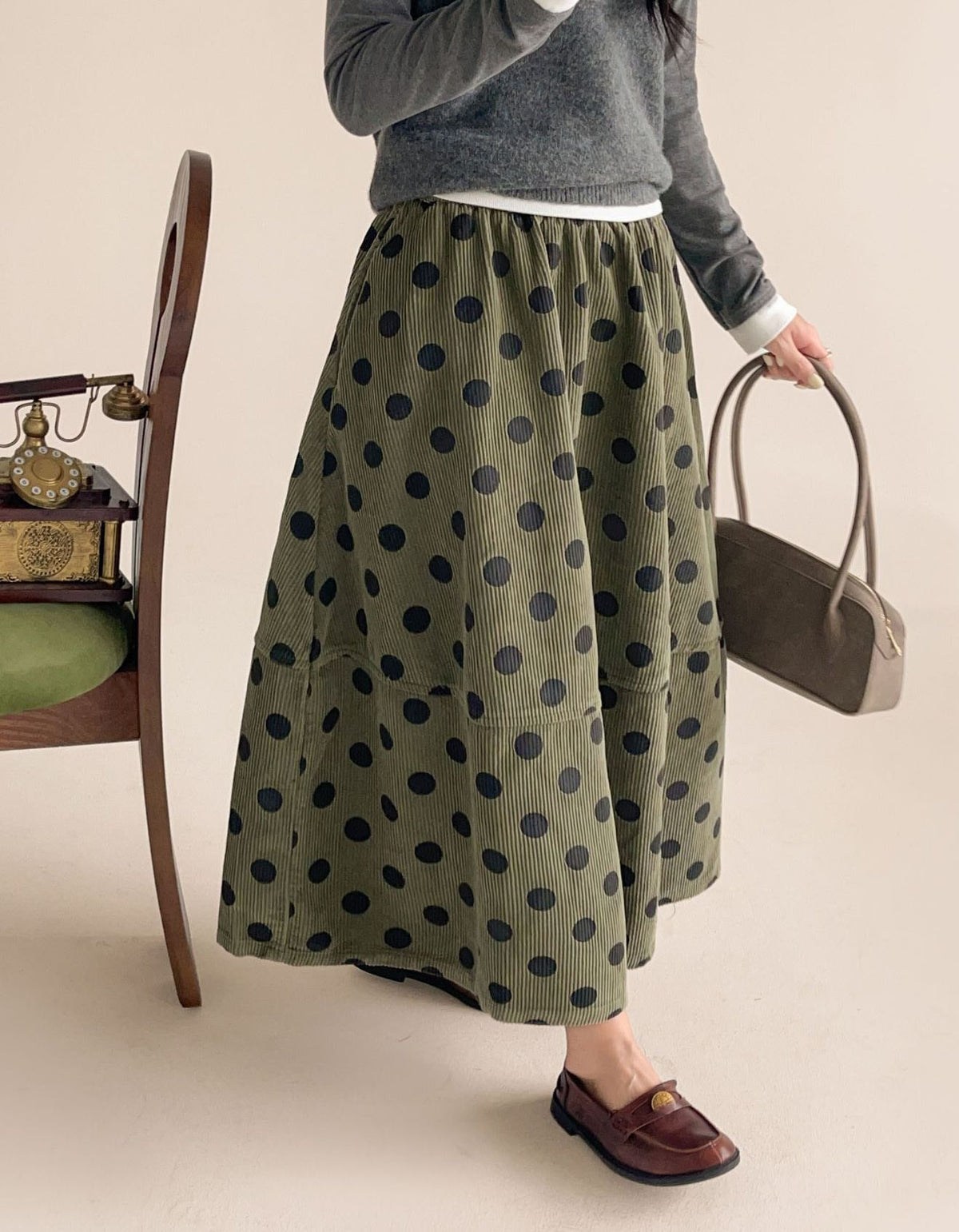 Women's vintage brown polka dot corduroy midi skirt