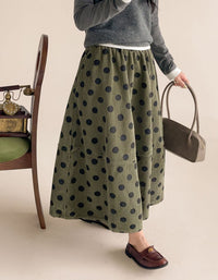 Women's vintage brown polka dot corduroy midi skirt