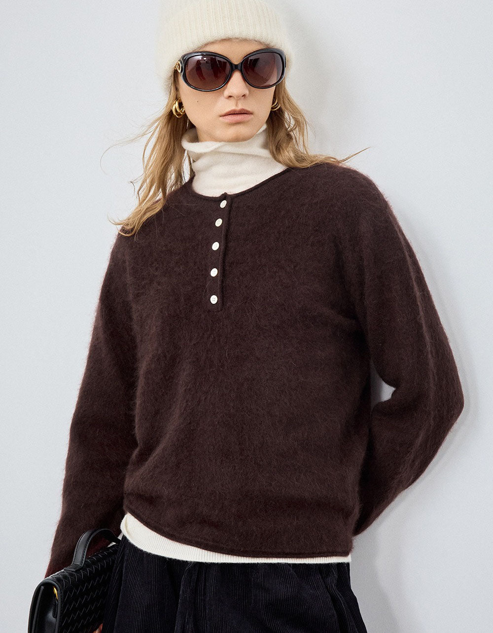 women’s brown relaxed fit fuzzy knit pullover sweater