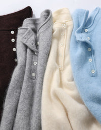 Women’s Brown Fuzzy Sweater with Button Neck & Long Sleeves