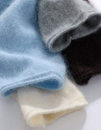 Women’s brown fuzzy knit sweater front view with button neckline